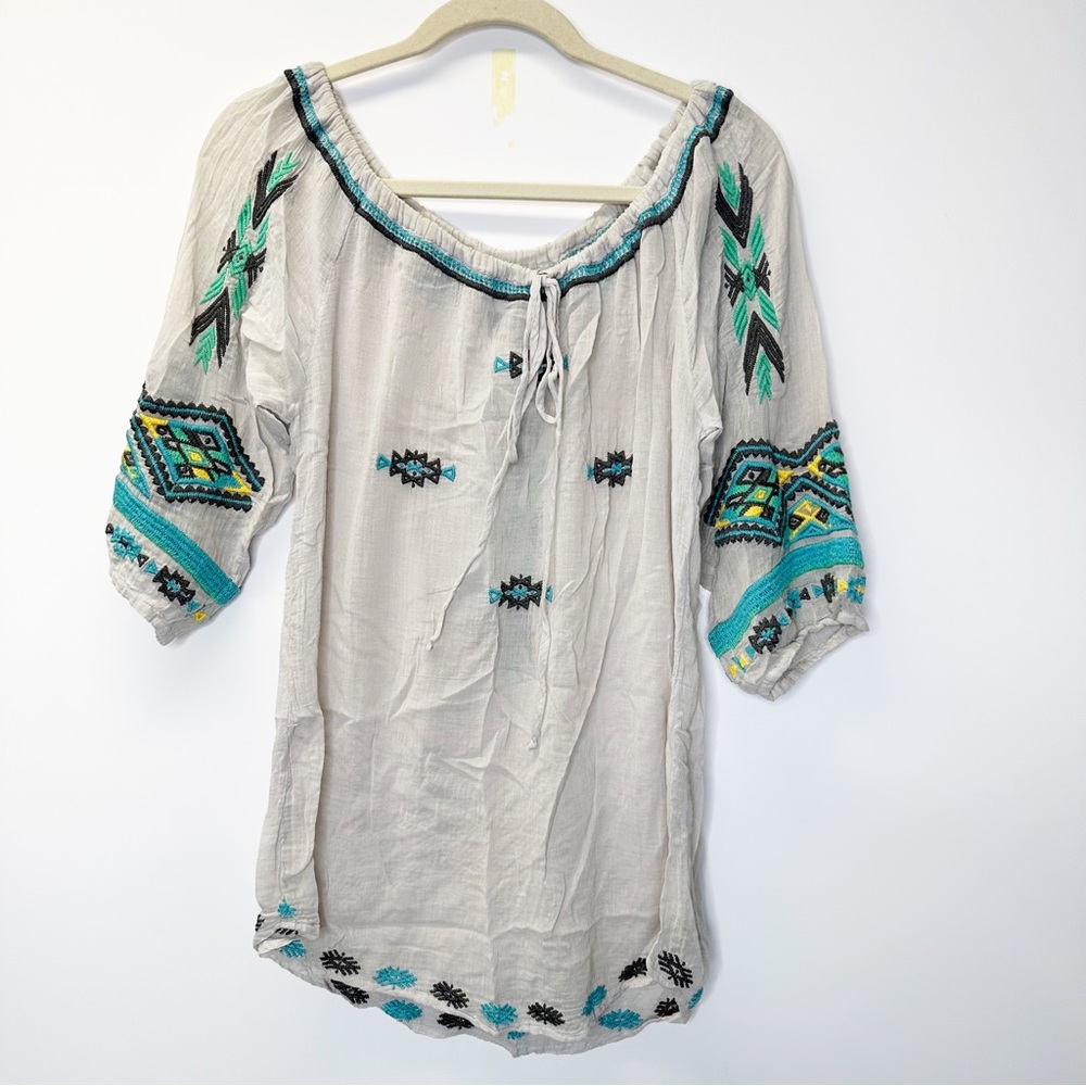 Johnny Was Biya Embroidered Aztec Tunic Top Size XS